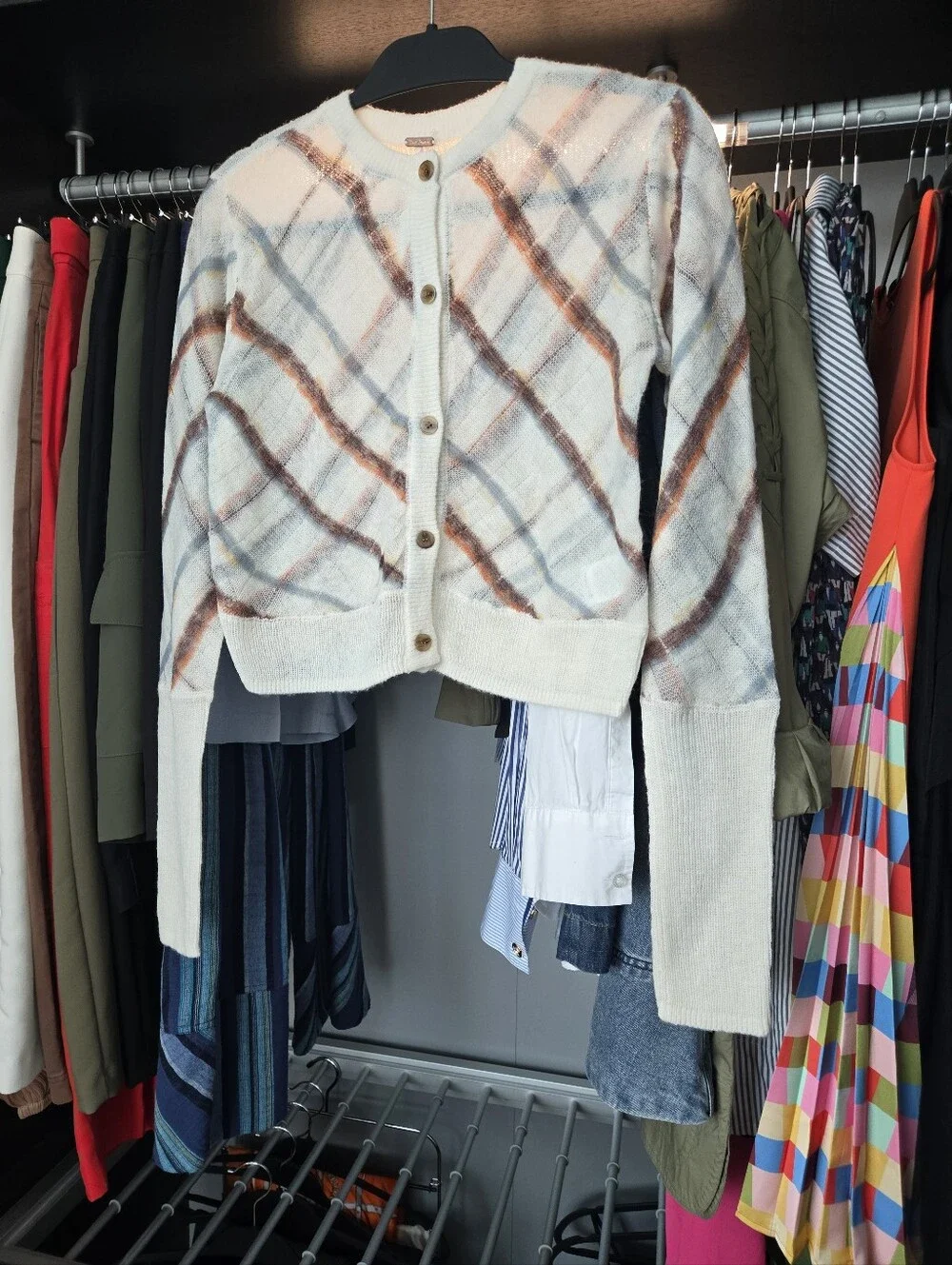 Free People Cream Plaid Cropped Cardigan with Brown and Gray Checks